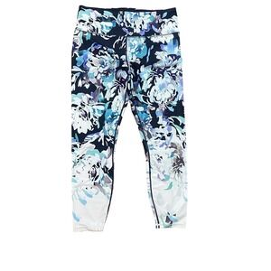 Athleta Floral‎ Blue Black Cropped Leggings Size Large Yoga Activewear Capris